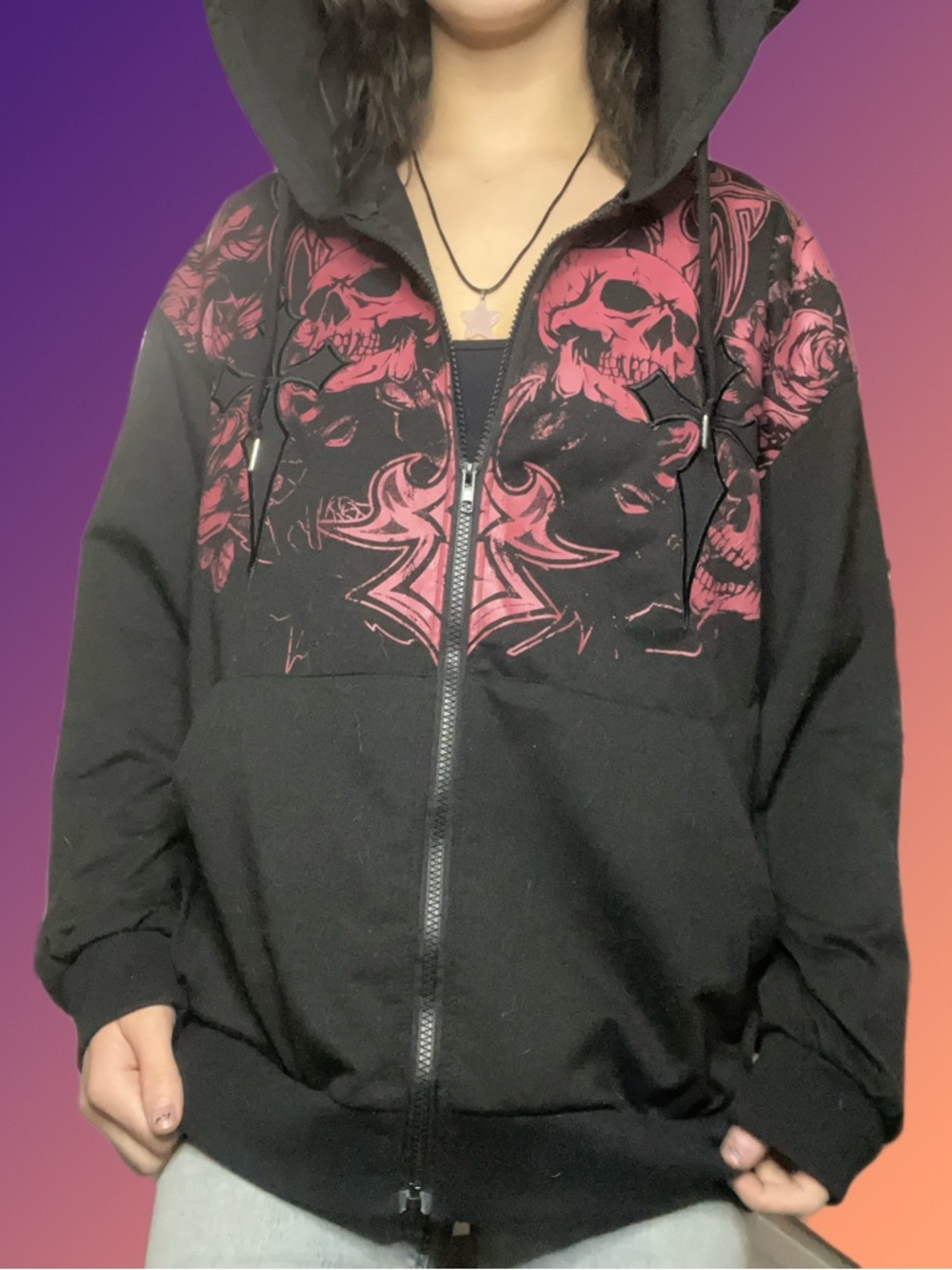 ROMWE Black Zip-Up Hoodie with Pink Skull & Floral Print
